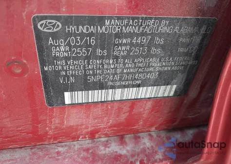 2017 Hyundai Sonata Se z USA, uszkodzony, nr VIN 5NPE24AF7HH480403